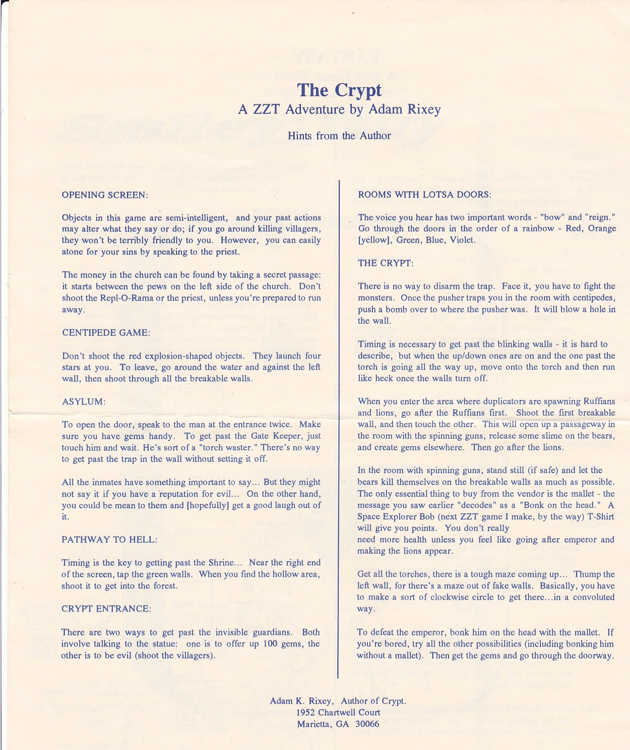 The Crypt Hint Sheet